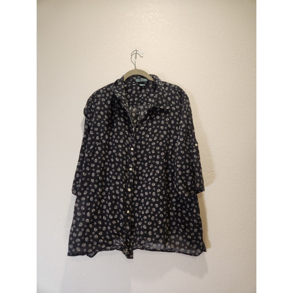 Lauren Ralph Lauren Shirt Womens 2X Black Paisley Cotton Roll Tab Button Up